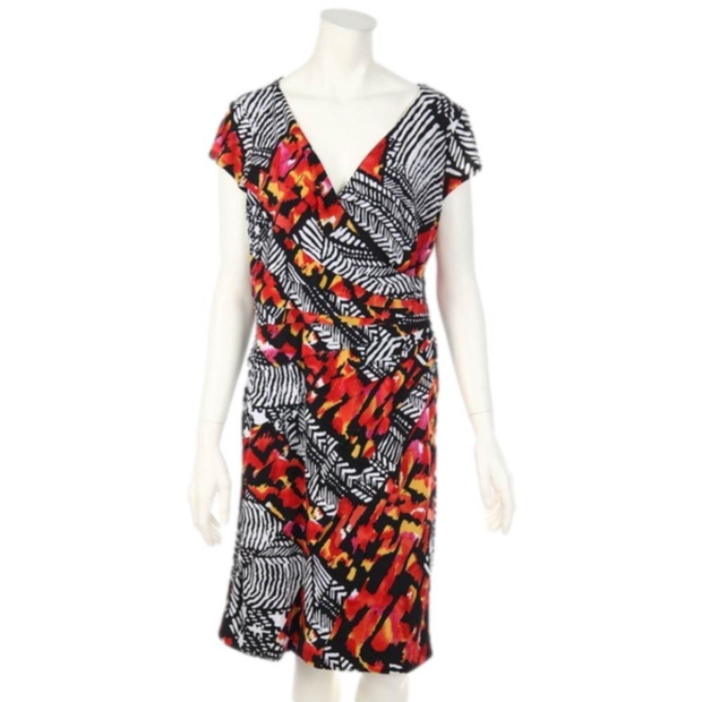Joseph Ribkoff New Size 8 Black Red White Abstract Print Layers Faux Wrap Dress